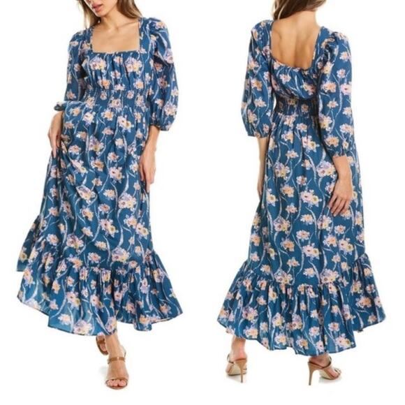 LoveShackFancy Dresses & Skirts - LoveShackFancy Blue & Pink Floral  Cotton Tiered Long Sleeve Maxi Dress  Large